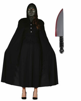 Carnaval Halloween verkleedkleding set - zwart masker - Cape zwart met capuchon - Groot mes 40 cm One size
