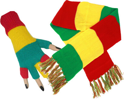 Carnaval Limburg thema - feest sjaal en handschoenen - vingerloos - rood/geel/groen