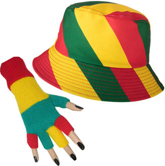 Carnaval Limburg thema - Vissershoedje en handschoenen - vingerloos - rood/geel/groen