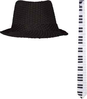 Carnaval muziek thema verkleed set - hoedje en piano stropdas - zwart - heren/dames