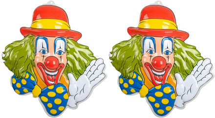 Carnaval/party decoratie bord - 2x - Clown hoofd - wand/muur versiering - 50 x 50 cm - plastic