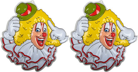 Carnaval/party decoratie bord - 2x - Clown hoofd - wand/muur versiering - 50 x 50 cm - plastic