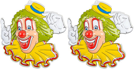 Carnaval/party decoratie bord - 2x - Clown hoofd - wand/muur versiering - 50 x 50 cm - plastic