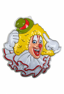 Carnaval/party decoratie bord - Clown hoofd - wand/muur versiering - 50 x 50 cm - plastic Multi