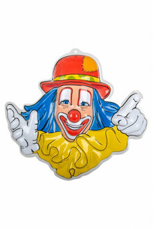 Carnaval/party decoratie bord - Clown hoofd - wand/muur versiering - 50 x 50 cm - plastic Rood