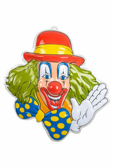 Carnaval/party decoratie bord - Clown hoofd - wand/muur versiering - 50 x 50 cm - plastic