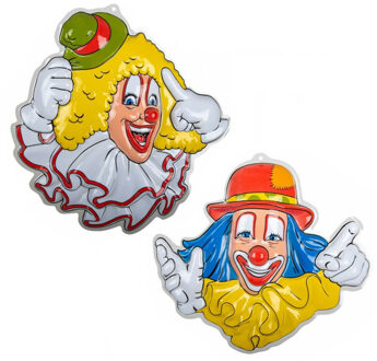 Carnaval/party decoratie borden - 2x Clown hoofden - wand/muur versiering - 50 x 50 cm - plastic