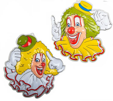 Carnaval/party decoratie borden - 2x Clown hoofden - wand/muur versiering - 50 x 50 cm - plastic