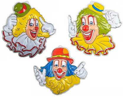 Carnaval/party decoratie borden - 3x Clown hoofden - wand/muur versiering - 50 x 50 cm - plastic