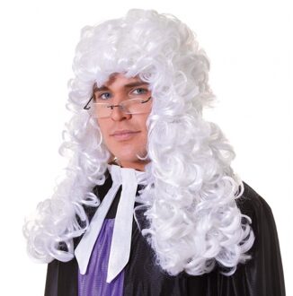 Carnaval pruik - Lange witte rechters pruik - met krullen - heren - klassiek