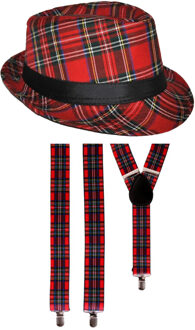 Carnaval Schotse ruit thema verkleed set - hoedje en bretels - rood tartan - heren
