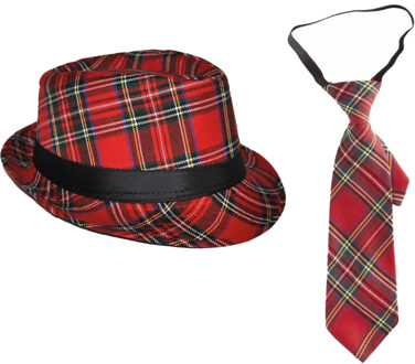 Carnaval Schotse ruit thema verkleed set - hoedje en stropdas - rood tartan - heren