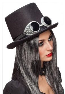 Carnaval Steampunk thema hoge hoed - zwart met bril - volwassenen