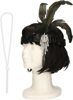 Carnaval verkleed accessoire set - dames hoofdband en parelketting - charleston/jaren 20 stijl