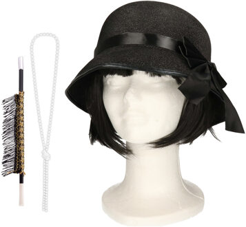 Carnaval verkleed accessoire set - sigarettenhouder/parelketting/hoed - charleston/jaren 20 stijl