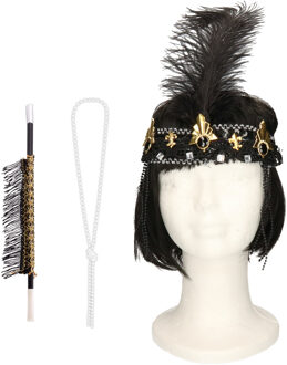 Carnaval verkleed accessoire set - sigarettenhouder/parelketting/hoofdband - charleston/jaren 20