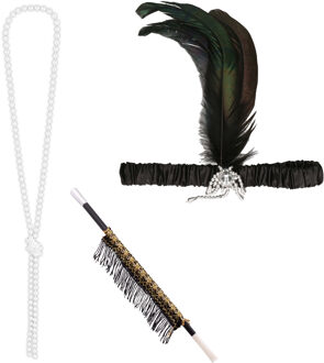 Carnaval verkleed accessoire set - sigarettenhouder/parelketting/hoofdband - charleston/jaren 20