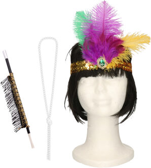 Carnaval verkleed accessoire set - sigarettenhouder/parelketting/hoofdband - charleston/jaren 20