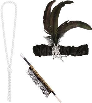 Carnaval verkleed accessoire set - sigarettenhouder/parelketting/hoofdband - charleston/jaren 20