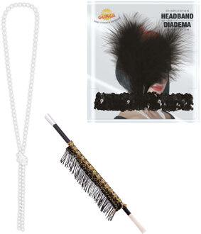 Carnaval verkleed accessoire set - sigarettenhouder/parelketting/hoofdband - charleston/jaren 20