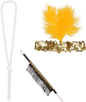 Carnaval verkleed accessoire set - sigarettenhouder/parelketting/hoofdband - charleston/jaren 20