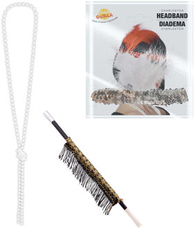 Carnaval verkleed accessoire set - sigarettenhouder/parelketting/hoofdband - charleston/jaren 20