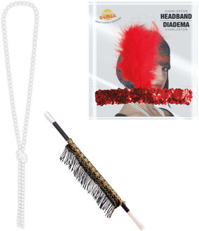 Carnaval verkleed accessoire set - sigarettenhouder/parelketting/hoofdband - charleston/jaren 20