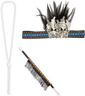 Carnaval verkleed accessoire set - sigarettenhouder/parelketting/hoofdband - charleston/jaren 20