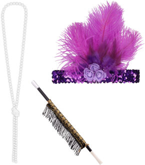 Carnaval verkleed accessoire set - sigarettenhouder/parelketting/hoofdband - charleston/jaren 20