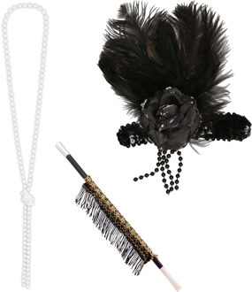 Carnaval verkleed accessoire set - sigarettenhouder/parelketting/hoofdband - charleston/jaren 20