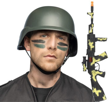 Carnaval verkleed accessoires set - Soldaten machinegeweer 59 cm - met soldaten helm