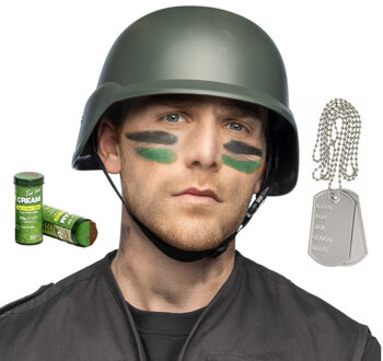 Carnaval verkleed accessoires setje heren - Soldaten helm - camou schmink stift - dogtags