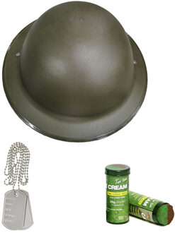 Carnaval verkleed accessoires setje heren - Soldaten helm - camou schmink stift - dogtags