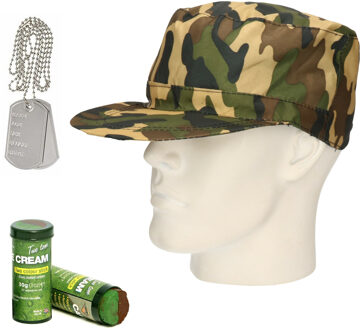 Carnaval verkleed accessoires setje heren - Soldaten pet - camou schmink stift - dogtags