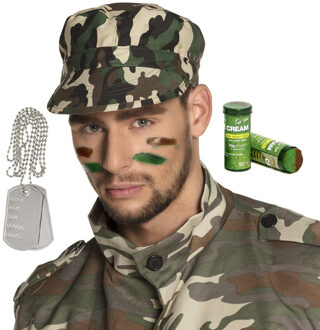 Carnaval verkleed accessoires setje heren - Soldaten pet - camou schmink stift - dogtags