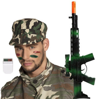 Carnaval verkleed accessoires voor volwassenen - Soldaten pet - camouflage schmink - geweer 44 cm