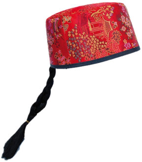 Carnaval verkleed Aziatisch/Chinees hoedje met vlecht - rood - volwassenen