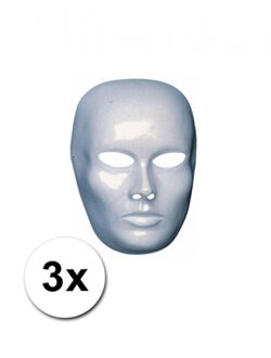 Carnaval verkleed blanco gezicht masker heren - 3x - wit - plastic - beschilderbaar