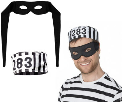Carnaval verkleed Boeven muts en oogmasker - 2x stuks - zwart/wit - volwassenen - Gevangenen - boef