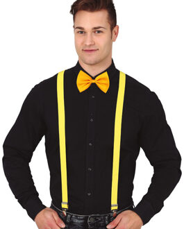 Carnaval verkleed bretels en strikje - geel - volwassenen - verkleed accessoires