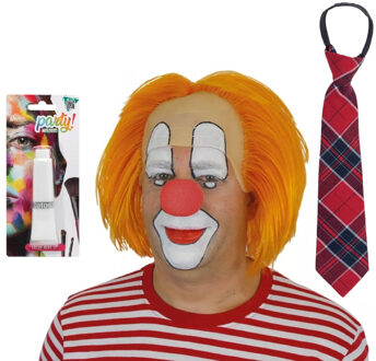 Carnaval verkleed Clown Bassie - pruik oranje - schmink wit - rode neus - stropdas