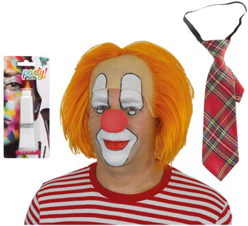 Carnaval verkleed Clown Bassie - pruik oranje - schmink wit - rode neus - stropdas
