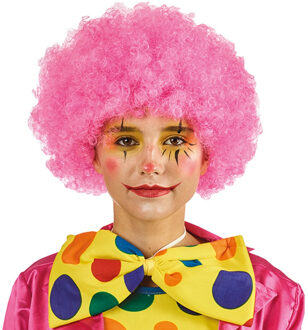 Carnaval verkleed Clownspruik met krulletjes - roze - volwassenen