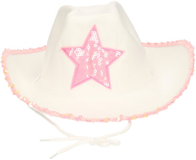Carnaval verkleed Cowboy hoed Stars - wit/roze - voor volwassenen - Western thema