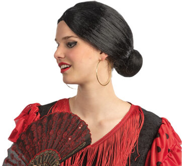 Carnaval verkleed damespruik met knotje - zwart - oude vrouw - spaans