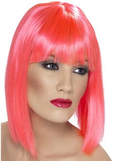 Carnaval verkleed damespruik met pony - roze - half lang haar