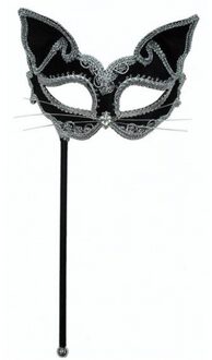 Carnaval verkleed gemaskerd bal Katten oogmasker - op stokje - zwart