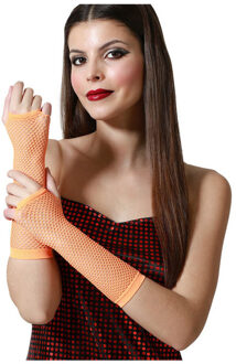 Carnaval verkleed handschoenen - visnet stof - oranje - vingerloos - dames - elastiek
