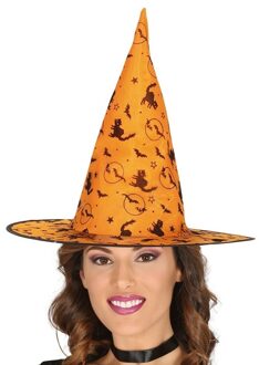 Carnaval verkleed heksenhoed - oranje - met Halloween print - voor volwassenen