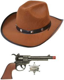 Carnaval verkleed hoed voor een cowboy - bruin - polyester - heren/dames - incl. pistool